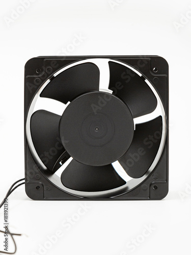 Black fan on a white background. Ventilation.