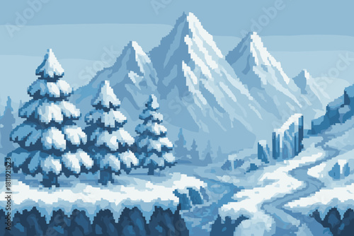 Pixelated winter wonderland with snowy mountains and trees evokes a nostalgic, serene feeling for games, websites, and creative projects needing a retro touch