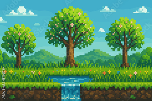 Charming pixel art landscape featuring flowering trees, a gentle waterfall, and rolling hills, perfect for retro game design and nostalgic projects