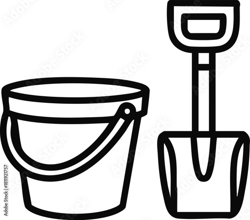 A simple black and white line art illustration of a bucket and spade for playing in the sand.