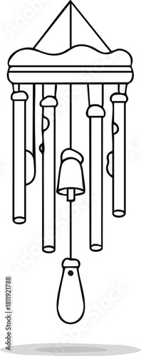 A simple black and white line art illustration of a hanging wind chime with a bell clapper and a shadow.