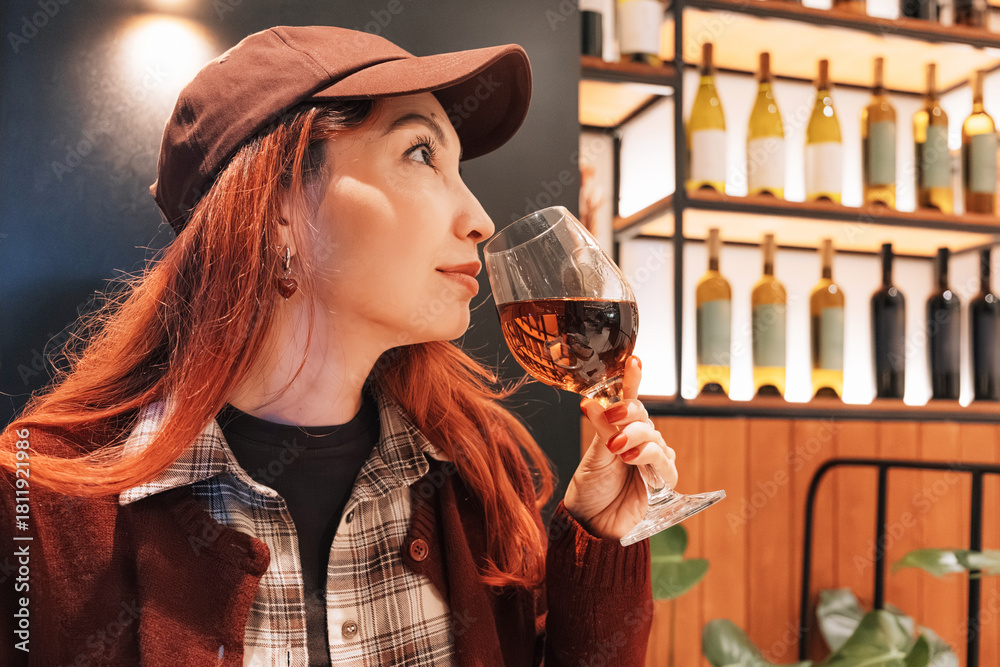 Obraz premium Woman smelling a glass of wine inside a winery shop
