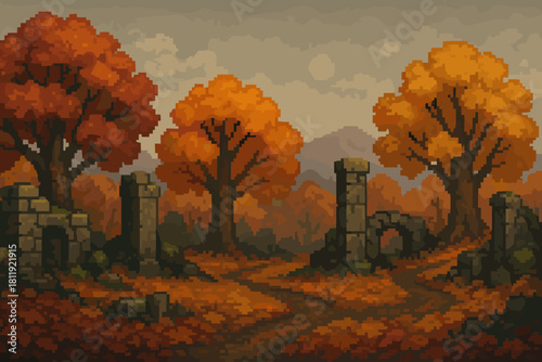 Enchanting pixel art scene of autumn forest path with ancient ruins, perfect for video games, fantasy world building, and atmospheric storytelling now