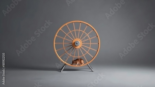 antecedence. Hamster wheel in endless rotation on a plain grey background. wildlife magazines, conservation campaigns, designed for nature documentaries and education, used by health educators.