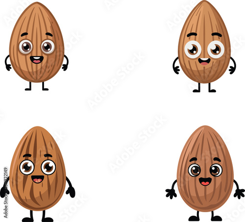 Cute Cartoon Almond Nut Character Vector Illustration Set: Happy Mascot Design for Healthy Food, Snacking, Diet, and Nutrition Concepts