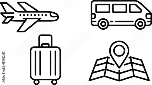 Travel and Transportation Line Icons Set – Airplane, Luggage, Van, Map Pin Vector Collection.