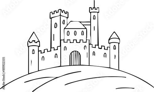Simple black and white line drawing of a medieval castle with multiple towers and a gate, situated on a rolling hill.