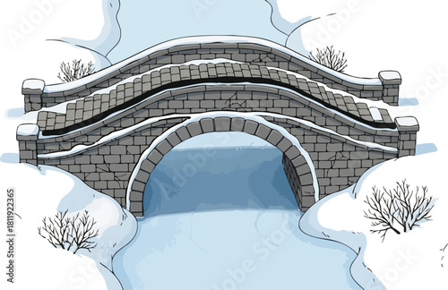 A picturesque stone arch bridge covered in snow spans a frozen river in a winter landscape illustration.