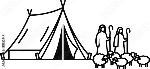 Black and white outline illustration of two shepherds with their flock of sheep next to a tent, depicting a pastoral scene.