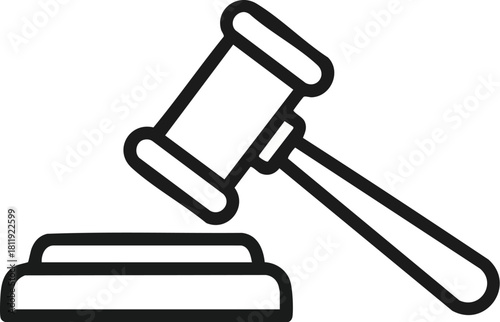 Black and white illustration of a gavel on a wooden block, symbolizing law and justice.