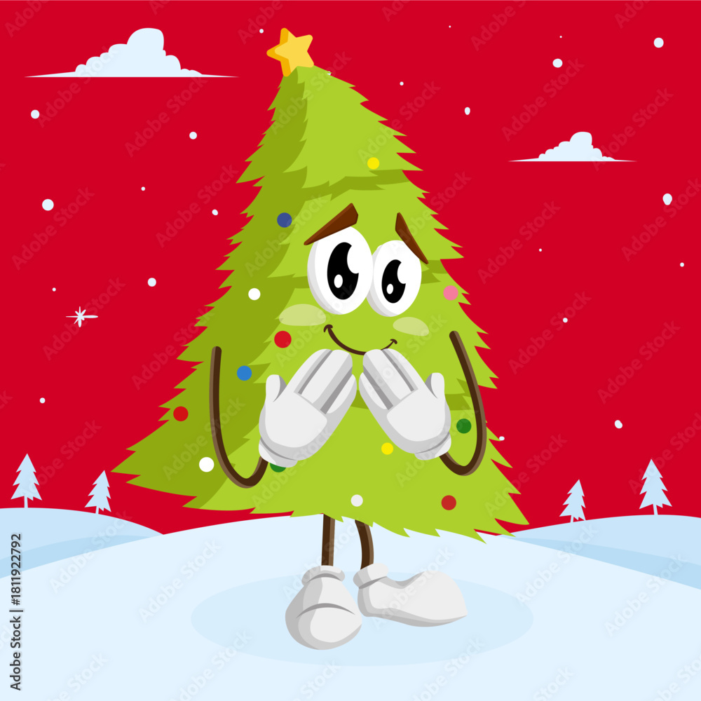 Fototapeta premium Christmas Tree Mascot Ashamed Pose Vector Illustration on Festive Background