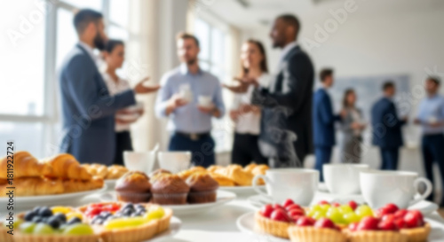 Soft blurred image of a corporate breakfast meeting featuring pastries, coffee cups, and attendees networking informally.