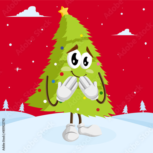 Christmas Tree Mascot Ashamed Pose Vector Illustration on Festive Background