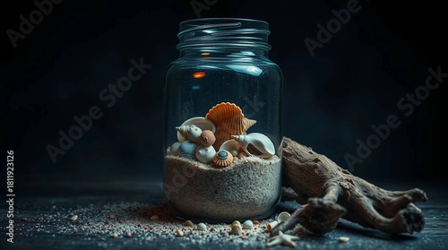 A jar filled with small shells, sand on a dark background