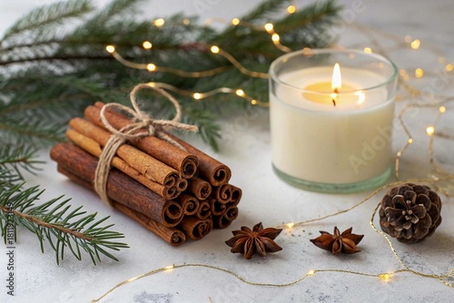 Cinnamon sticks arranged beside a candle, winter greenery, and delicate golden lights.