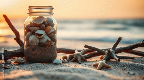 A jar filled with small shells, sand on the seashore