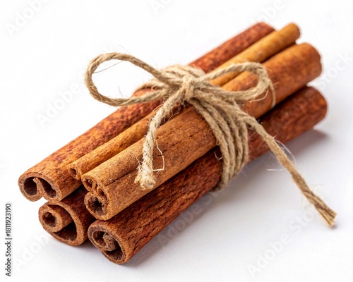Сinnamon sticks tied with natural thread on a white background