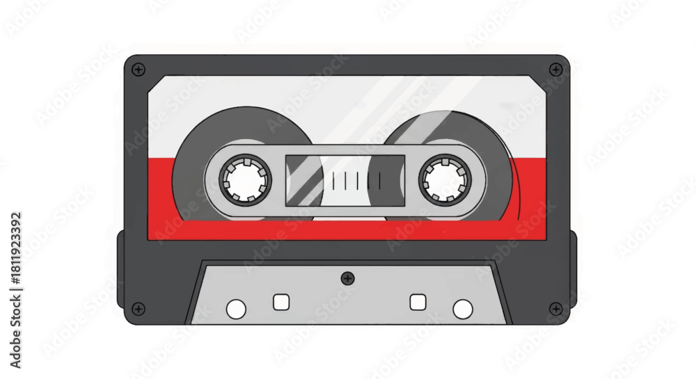 Obraz premium A modern minimalist vector illustration of a compact cassette tape with Polish flag colors. Retro 80s and 90s audio and music icon. Flat design graphic isolated on a white background