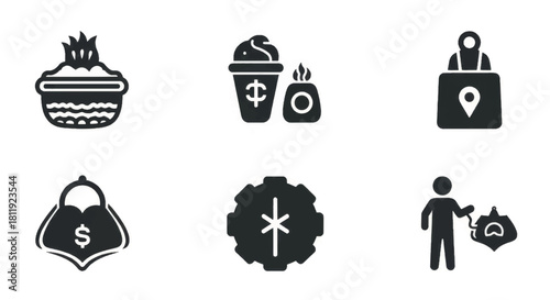 Food, shopping, and service glyph icon set. Minimalist flat design symbols for business. Vector illustration isolated on a white background
