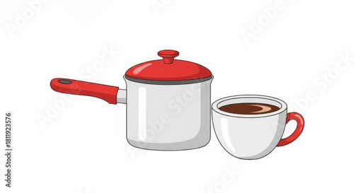 A cartoon illustration of a saucepan and a cup of coffee. Kitchenware and cooking concept icon. Simple vector graphic isolated on a white background