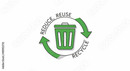 Reduce, Reuse, Recycle concept icon. Hand-drawn vector illustration of a green trash can with circular arrows. Sustainability and waste reduction symbol.