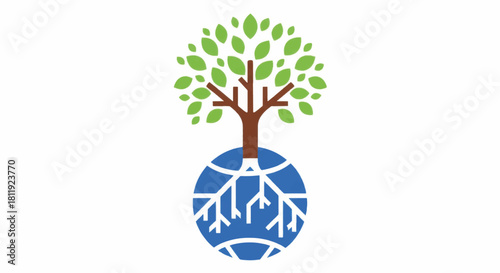 A tree with roots growing from the earth globe. Ecology, sustainability, and global growth concept. Flat vector logo illustration.