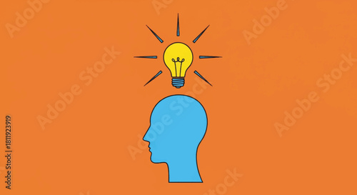 A lightbulb above a human head representing an idea. Minimalist flat design vector illustration. Concept of creativity, inspiration, and innovation