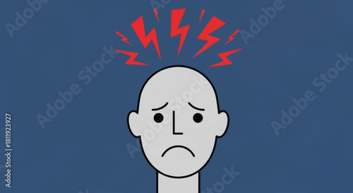 Minimalist illustration of a person experiencing stress and a headache. Flat design vector icon representing anxiety, burnout, and mental health issues