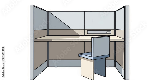 Empty office cubicle vector illustration. Minimalist corporate workspace design. Vacant workstation with desk and chair isolated on white background