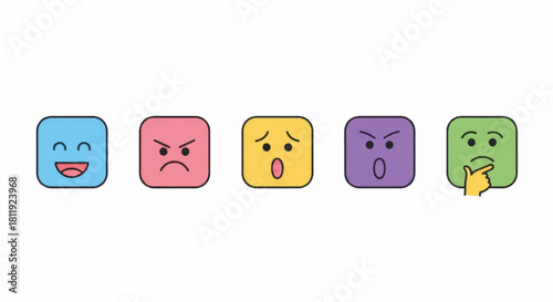 Colorful square emoticon icon set. Vector illustration of emotional faces for UI feedback. Customer satisfaction rating symbols