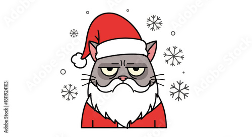 Grumpy cat wearing a Santa Claus costume. Funny Christmas cartoon vector illustration. Unhappy holiday animal character design