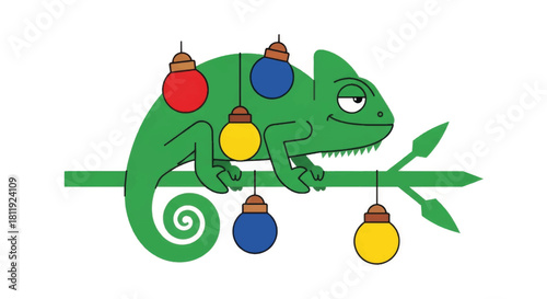 A funny cartoon chameleon decorated with Christmas ornaments. Festive holiday reptile character. Flat design vector illustration
