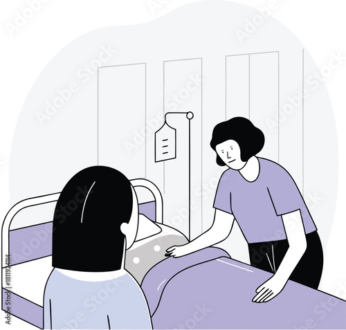 Healthcare worker checking on a patient resting in a hospital bed with an intravenous drip.