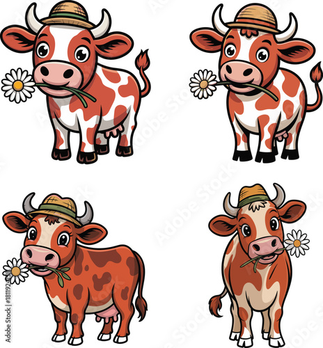 Cute Cartoon Alpine Cow Character with Daisy Flower and Straw Hat Vector Illustration Set: Happy Farm Animal Mascot for Dairy, Milk, and Rural Product Packaging