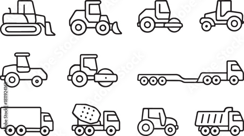 Construction Vehicle Line Icon Set – Bulldozer, Loader, Mixer, Grader, Roller.