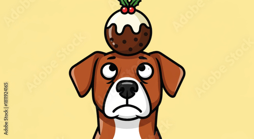 Funny cartoon dog with a Christmas pudding on its head. Humorous holiday vector illustration. Sad animal character design for festive cards