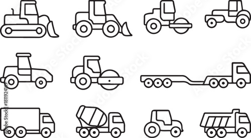Construction Vehicle Line Icon Set – Bulldozer, Loader, Mixer, Grader, Roller.