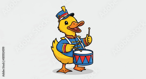 Funny duck drummer boy in a marching band uniform. Cartoon character vector illustration of a musical animal mascot.