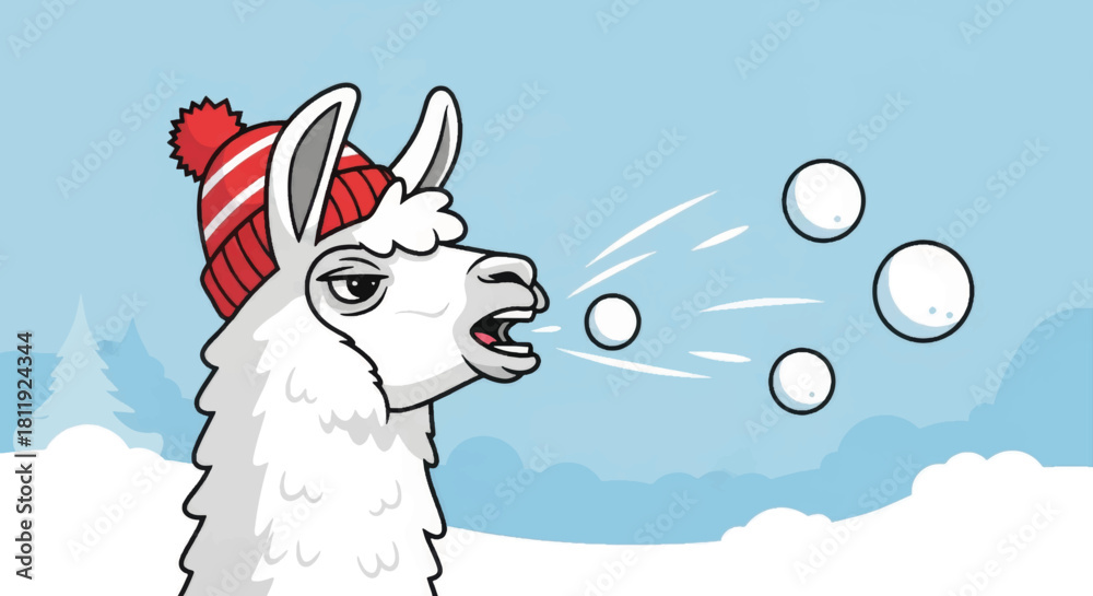 Obraz premium Funny cartoon llama spitting snowballs. Winter animal character vector illustration. Humorous holiday and Christmas graphic design