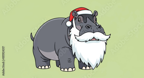 Cartoon hippo in a Santa Claus costume. Funny Christmas animal vector illustration. Festive holiday character design