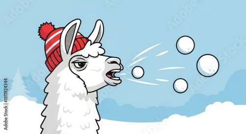 Funny cartoon llama spitting snowballs. Winter animal character vector illustration. Humorous holiday and Christmas graphic design