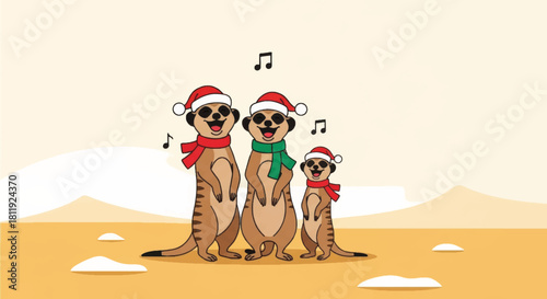 A funny meerkat family singing Christmas carols. Cartoon vector illustration of festive animals. Holiday season greeting card design.