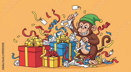 Funny cartoon monkey unwrapping birthday presents. Festive animal character celebrating a holiday. Vector illustration with gifts and confetti.