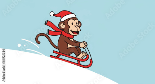 A happy monkey in a Santa hat sledding in the snow. Funny cartoon vector illustration for winter holidays