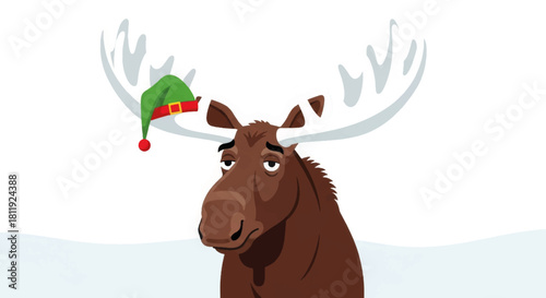 Funny cartoon moose wearing a ridiculously small elf hat. A humorous Christmas holiday vector illustration. Sad animal character design for a festive greeting card