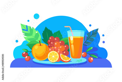 A vibrant depiction of oranges, grapes, and a glass of juice set against a blue backdrop, adorned with lush foliage and intr.