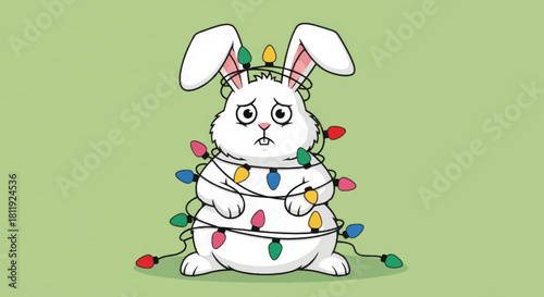 A funny cartoon rabbit tangled in Christmas lights. Holiday mishap and festive frustration concept. Vector illustration of a sad animal character