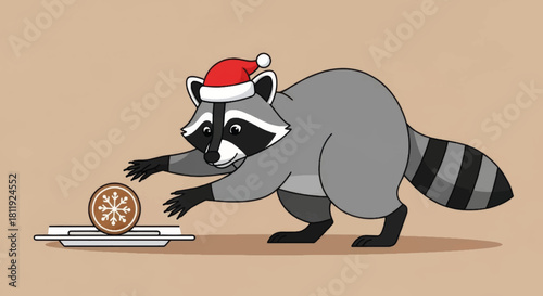 Funny cartoon raccoon sneaking a Christmas cookie. Festive animal character in a Santa hat. Holiday vector illustration