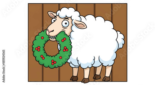 Funny sheep biting a Christmas wreath. Humorous cartoon animal vector illustration. Festive holiday character design
