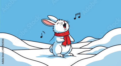 Funny rabbit singing in the snow. Cartoon animal character for winter holidays. Vector illustration for christmas greeting cards